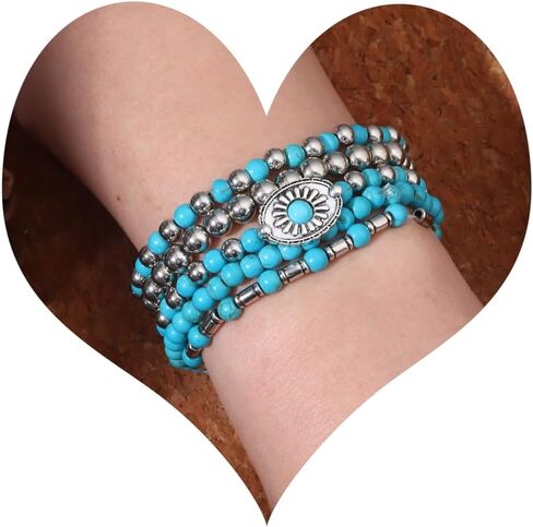 Giovanchi Turquoise Western Bracelets for Women Bohemian Jewelry Vintage Stackable Turquoise Bracelet Rustic Beaded Cow Head Charm Stretch Bracelet Western Rustic Costume Jewelry Accessories in Saudi Arabia