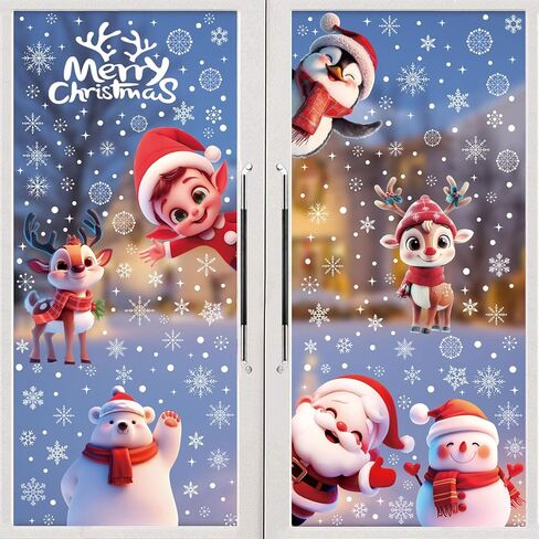CCINEE 8 Sheets Christmas Window Stickers, Double-Sided Xmas Car Window Cling Snowflakes Santa Claus Reindeer Snowman Decals for Holiday Indoor Office Decorations in Saudi Arabia