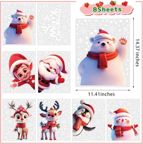 CCINEE 8 Sheets Christmas Window Stickers, Double-Sided Xmas Car Window Cling Snowflakes Santa Claus Reindeer Snowman Decals for Holiday Indoor Office Decorations in Saudi Arabia