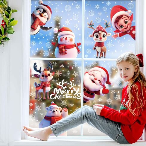 CCINEE 8 Sheets Christmas Window Stickers, Double-Sided Xmas Car Window Cling Snowflakes Santa Claus Reindeer Snowman Decals for Holiday Indoor Office Decorations in Saudi Arabia