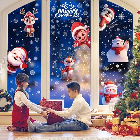 CCINEE 8 Sheets Christmas Window Stickers, Double-Sided Xmas Car Window Cling Snowflakes Santa Claus Reindeer Snowman Decals for Holiday Indoor Office Decorations in Saudi Arabia