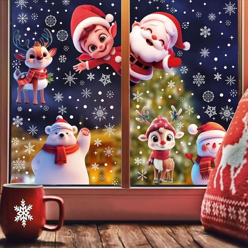 CCINEE 8 Sheets Christmas Window Stickers, Double-Sided Xmas Car Window Cling Snowflakes Santa Claus Reindeer Snowman Decals for Holiday Indoor Office Decorations in Saudi Arabia