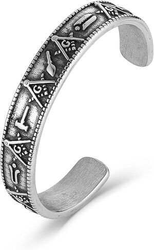 HZMAN Men’s Stainless Steel Cuff Bracelet - 11mm Open Bangle with Masonic Symbol, Non-Adjustable Minimalist Design, Ideal Gift in Saudi Arabia