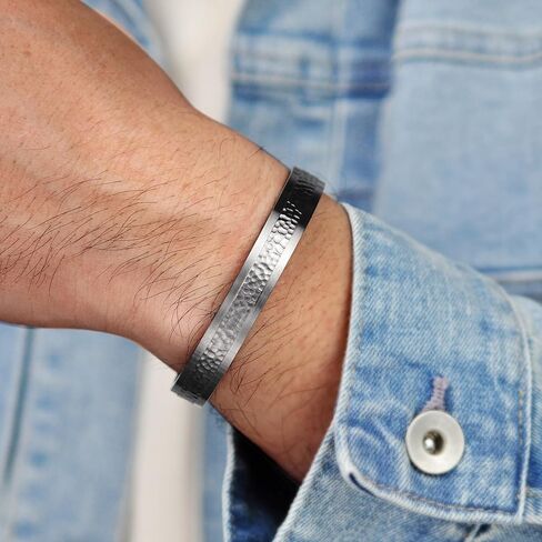 Metro Jewelry Stainless Steel Hammered Cuff Bangle Bracelet for Men with Grey Ion Plating - 8.5 Inches Long 10 MM Wide in Saudi Arabia