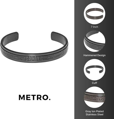 Metro Jewelry Stainless Steel Hammered Cuff Bangle Bracelet for Men with Grey Ion Plating - 8.5 Inches Long 10 MM Wide in Saudi Arabia