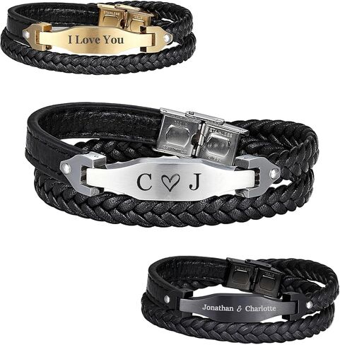 Personalized Mens Bracelet Genuine Leather Cuff Name Date Initial Letter Engraved Handcrafted Wristband Gift f/Him Husband Boyfriend Anniversary Father's day Wedding Birthday in Saudi Arabia