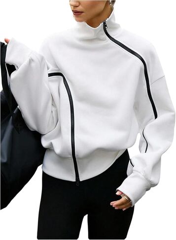 Verdusa Women's Asymmetrical Zip Up High Neck Pullover Sweatshirt Oversize Trendy Fall Tops Streetwear in Saudi Arabia