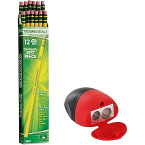 Dixon Wood-Cased Pencils, 2 HB, Yellow, Box of 12, Including Free Bonus Double Hole Pencils Sharpener (Red N Black Edition)