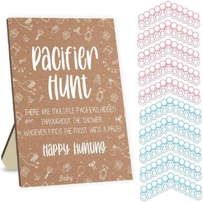 Baby Pacifier Hunt Game, Baby Shower Games Set, Baby Pacifier Hunt Sign Board, 50 Mini Pink Acrylic Pacifiers and 50 Blue Pacifiers, Favorite Adults Kids Games for Baby Shower Activities