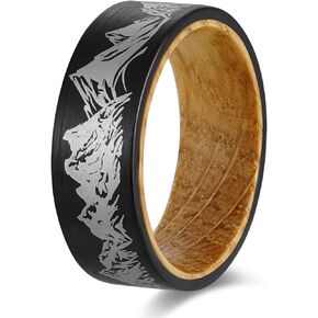 POYA TUNGSTEN Forest Rings for Men 8 mm Black Plated Wedding Band with Wood Liner Comfort Fit