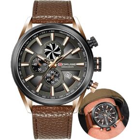 BORUSE Leather Watches for Men Chronograph Waterproof Quartz Watch Fashion Business Sport Big Face Calendar Luminous Analog Wrist Watch for Mens