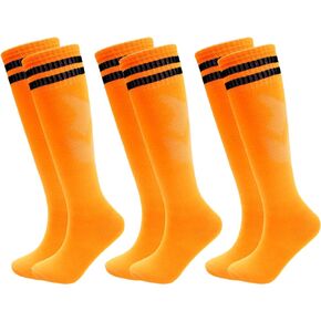 3 Pairs Kids Soccer Socks Striped Knee High Tube Socks Football Uniform Sports Socks for Boys Girls 6-12 Years Old