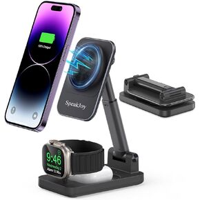 SpeakJoy Foldable Wireless Charger Stand 3 in 1 for Apple Devices, Magnetic Charging Station for Magsafe iPhone 15/14/13/12 Series, AirPods, Apple Watch for Travel