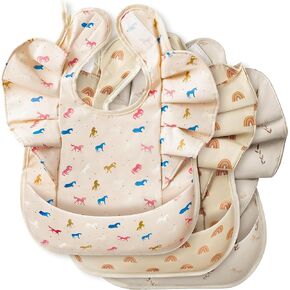 BUoonyer 3pcs Mess-Proof Baby Apron for Feeding Eating, Food Bibs with Catcher, Unicorn Rainbows Adjustable Waterproof Apron Mess Proof Bibs for Babies Toddlers Girls Boys Infant Newborn Birthday Gift