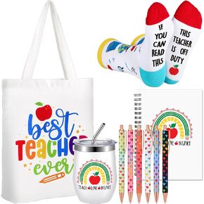 Skyygemm Teacher's Day Gifts for Women Include 12 oz Rainbow Christian Mug Canvas Tote Bag for Women Crew Sock Ballpoint Pens Rainbow Pattern Spiral Notebook for School Office Supplies