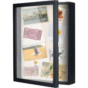 Shadow Box Frame, Shadow Boxes Display Cases, 13 x 16 Deep Shadow Box Picture Flower Frame, Greeting Card Display Stand Holder with Linen Back & Push Pins for Wall, Tabletop
