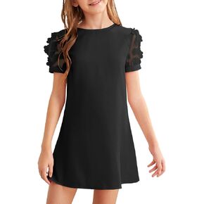 YOVION Girls Summer Dresses Appliques Mesh Puff Sleeve A-line Flared Swing Casual Mini Dress for 6-12 Years Kid