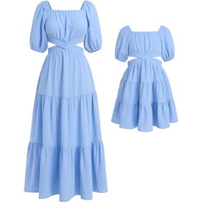 AWIBMK Mommy and Me Dresses Square Neck Solid Color Ruffled Dress with Pockets Summer Cutout Waist Tiered Matching Outfits