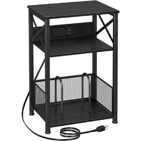 AMHANCIBLE Record Player Stand with Charging Station, Large Turntable Stand with Storage Cabinet, 3 Tier End Table Hold Up to 200 Albums, Record Stand for Vinyl, Living Room, Black, HETCD012BK-1