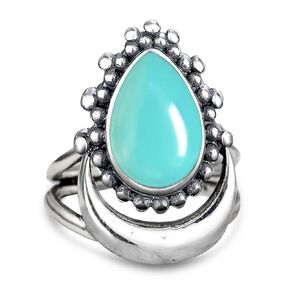 HQFJW Crescent Moon Real Turquoise Stone Ring,S925 Sterling Silver Natural Blue Waterdrop Crystal Quartz Gemstone Boho Bohemian Statement Ring Jewelry Gift for Women (Ring_A, 8)