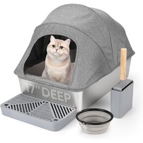 Enclosed Stainless Steel Cat Litter Box with Oxford Lid, 24" Lx16 Wx17 H Extra Large Litter Box for Big Cats, Anti-Leakage, Odor Control Litter Pan Tray with Litter Scooper,Non Stick Smooth Surface