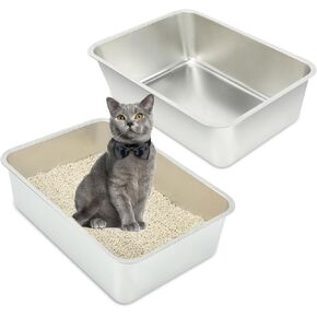 Rypet 2Packs Stainless Steel Litter Box Metal Litter Box for Cats High Back Litter Box Non-Stick Cat Poop Box，Easy to Clean(17.7"*13.8"*3.9")