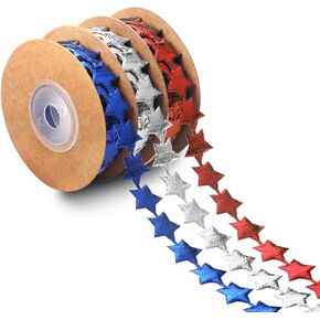 3 Rolls Patriotic Fabric Decor Ribbons Memorial Day Faux Leather Craft Ribbons Red White Blue Stars Shaped Ribbons for 4th of July Party Decoration Gift Wrapping Outdoor Hanging Supplies 15 Yards