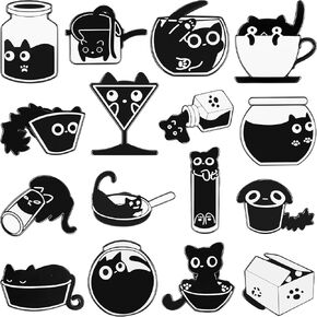 Juexica 16 Pcs Black Cat Enamel Pin Bulk Anime Animals Cute Kawaii Creative Lovely Metal Kitten Brooches for Backpack Hat Jackets Bag Clothes Accessories Friends Family Gifts