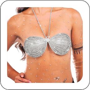 JEWEKY Rhinestone Bra Top Silver Sparkly Sequin Nightclub Party Halter Star Chest Tops for Women