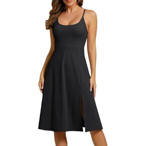 Women Athletic Dress with Built in Bra Adjustable Straps Side Split Workout Dress for Tennis Golf Midi Dresses for Women