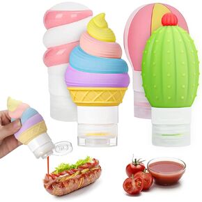 WXOIEOD 4 Pieces Leakproof Silicone Squeeze Bottle, Salad Dressing Container Ice Cream Cactus Popsicle Balloon Shape Travel Size Mini Condiment Bottles Small Ketchup Bottle for Lunch Box, 2 Oz