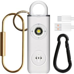 Rechargeable Personal Safety Alarm for Women, Teens, Elderly, and Children, 130dB Loud Siren Pocket Size Security Alarmee with LED Strobe Light and Keychain (White) (with Keychain)