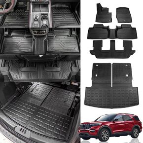 Dattumar Floor Mats Compatible with 2020-2024 Ford Explorer 7-Seater Cargo Liner All Weather Trunk Mat Cargo Mat Trunk Liner 2023 Explorer Accessories (Upgrade Trunk Mat with Backrest Mat+Floor Mats)