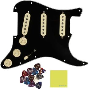 Fender PreWired Strat Pickguard Original '57/'62 SSS, Black Bundle with 12x Fender Guitar Picks and Liquid Audio Instrument Polishing Cloth - Loaded Pickguard Stratocaster