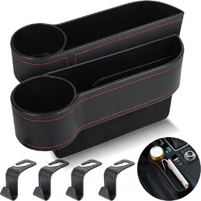 2 Set Car Seat Gap Organizer, Car Gap Filler Storage Boxes, PU Leather Front Seat Console Side Pocket Bags with Cup Holder 4 Hooks, Automotive Storage Box for Phone, Drinks, Cards, Sunglasses, Black