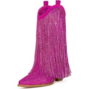 HICLOTSA Women's Rhinestone Cowgirl Boots Cowboy Sparkly Fringe Ankle Boots Pointed Toe Chunky Heel Side Zipper Pull On Glitter Tassels Mid Calf Boots for Women Ladies