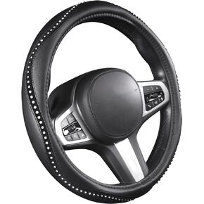 AUTOYOUTH Leopard Leather Steering Wheel Cover for Women Girls with Bling Bling Crystal Rhinestones Anti-Slip Cute Car Wheel Protector Universal 15 Inch Fit for Vehicle, Car, Auto, SUV, Black Silver…