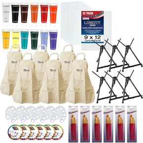 U.S. Art Supply Sip and Paint Art Party Painting Kit - 6 Easels, 12 Paint Tube Set, 12 Canvas Panels, 6 Brush Sets & 6 Aprons