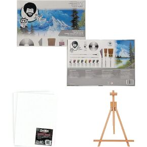 Jerry's Artarama Bob Ross Master Artist Oil Paint Set Bundle with Wood Tabletop Travel Art Easel and Canvas Panels (3pk) - 12x16 (3 Items)