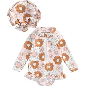 Toddler Infant Baby Girl Swimsuit Long Sleeve Rash Guard One-Piece Floral Zipper Bathing Suit Ruffled Beach Wear