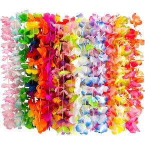 24-Pack Hawaiian Leis Bulk for Luau Party, Tropical Silk Flower Necklace Set - Adjustable Lei Decor for Summer Beach, Pool, Birthday, Wedding & Bachelorette Party Favors (24 Colorful Lei Necklaces)