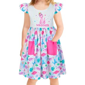 Little Toddler Girls Dress Flutter Sleeve Cute Mermaid Dinosaur Floral Summer Dresses Sundress with Pocket 2-7 Years