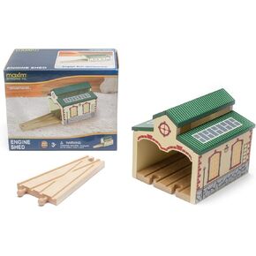 Maxim Enterprise, inc. Wooden Train Engine Shed, Multicolor Railway Shed Houses 2 Toy Engines, Wood Train Accessories with 2-Way Switching Track, Compatible with Thomas & Friends and Major Brands