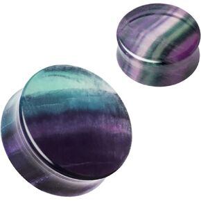 Pierced Owl Natural Rainbow Fluorite Stone Double Flared Plugs, Sold as a Pair