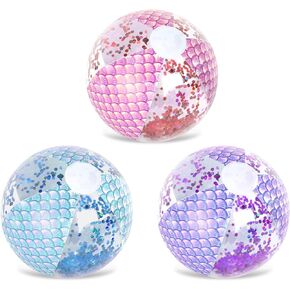Whaline 3Pcs 16'' Mermaid Inflatable Beach Ball Glitter Pool PVC Balls Game Toys for Summer Hawaiian Tropical Theme Beach Party Decorations Water Sand Game Accessory, Pink Blue Purple