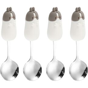 Ouliget Cartoon Handle Stainless Steel Spoon,Silverware with Silicone Handle,Cartoon Animals Handle Spoons,Yellow Duck,6 Inch,4 Pieces.