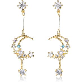 Metzakka Sterling Silver Colorful Crystal Lucky Star Drop Earrings Moon Style Earrings With Pearls for Women Girls (Gold) in Kuwait