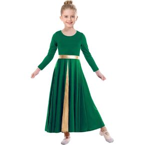 ZYACTU Girls Long Sleeve Praise Dance Dress Metallic Gold Liturgical Worship Costume Lyrical Costumes Church Robe