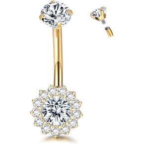 ZZHDCC 14G Titanium Belly Button Ring for Women AAAAAA Cubic Zirconia Belly Button Rings Flower Opal 10mm Gold Plated Belly Ring Halo Internally Threaded Navel Body Belly Piercing