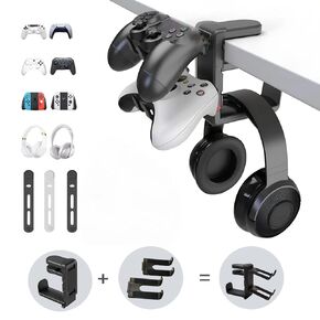 MOKUYOBY 3 in 1 Headphone and Controller Holder, PC Gaming Headphone Hanger, Rotating Headset Stand Under Desk Adjustable Arm Clamp Holder Desk Accessories for Universal Headsets, Controllers (Black)
